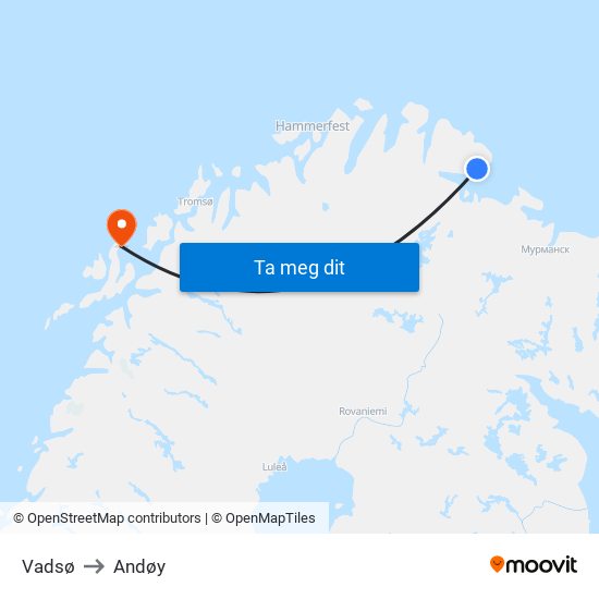 Vadsø to Andøy map