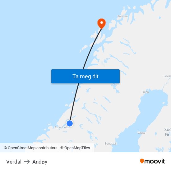 Verdal to Andøy map
