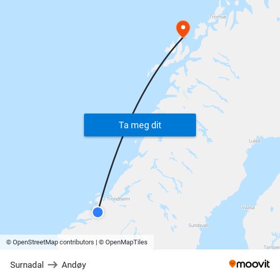 Surnadal to Andøy map