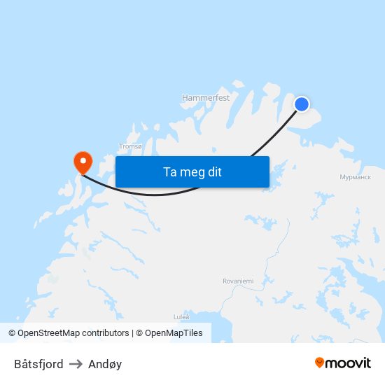 Båtsfjord to Andøy map