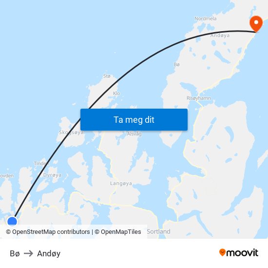 Bø to Andøy map