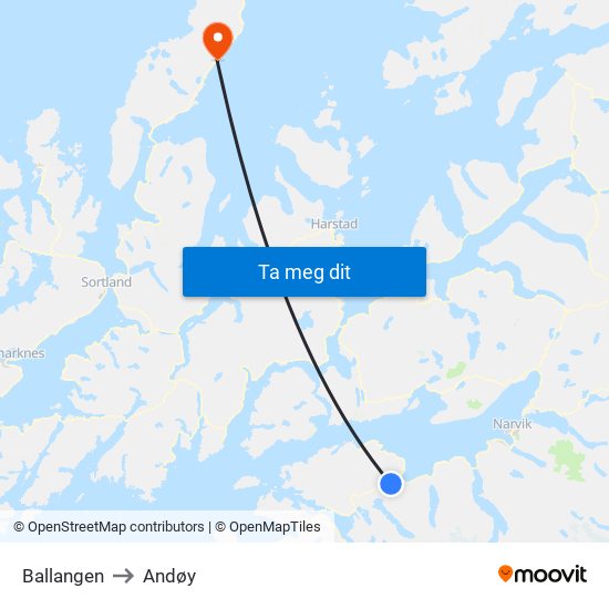 Ballangen to Andøy map