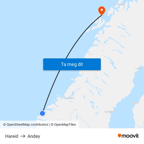 Hareid to Andøy map
