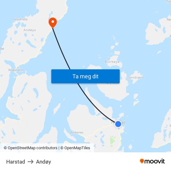 Harstad to Andøy map
