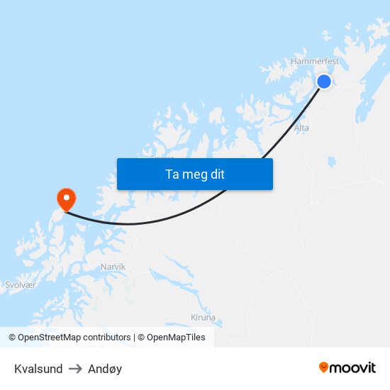 Kvalsund to Andøy map