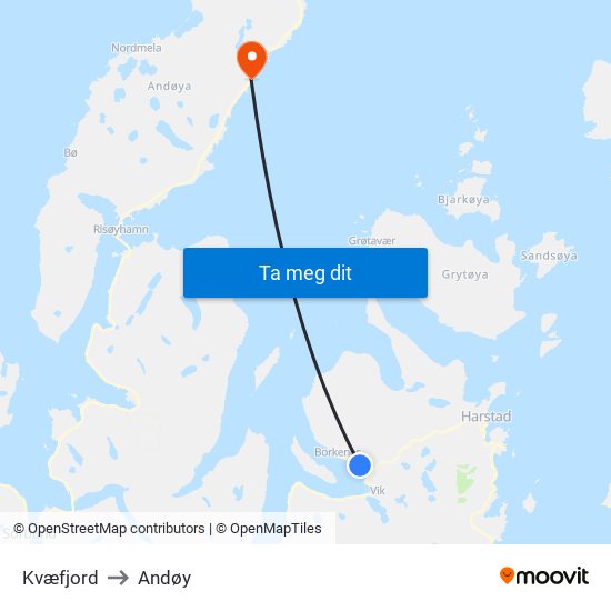 Kvæfjord to Andøy map