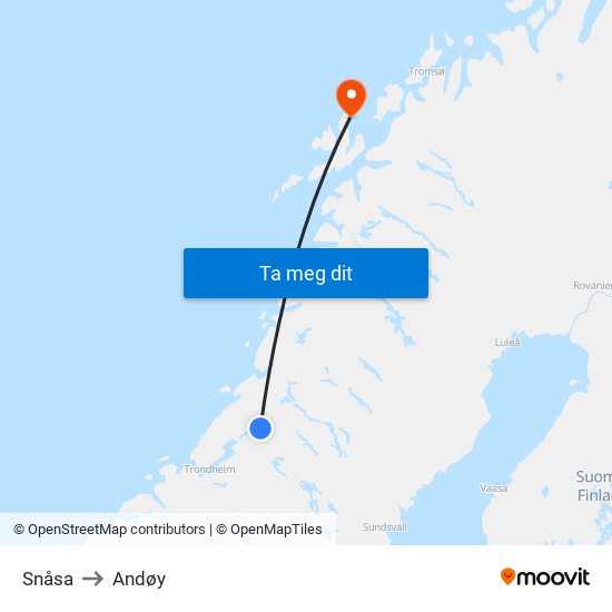 Snåsa to Andøy map