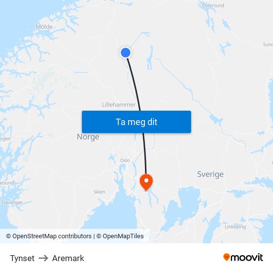 Tynset to Aremark map