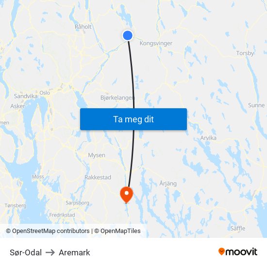 Sør-Odal to Aremark map