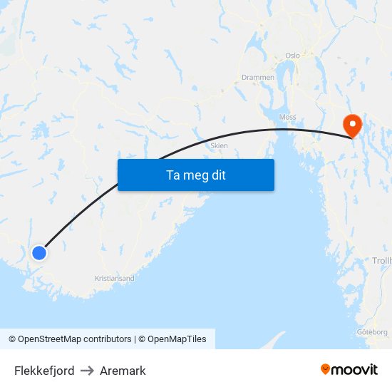 Flekkefjord to Aremark map