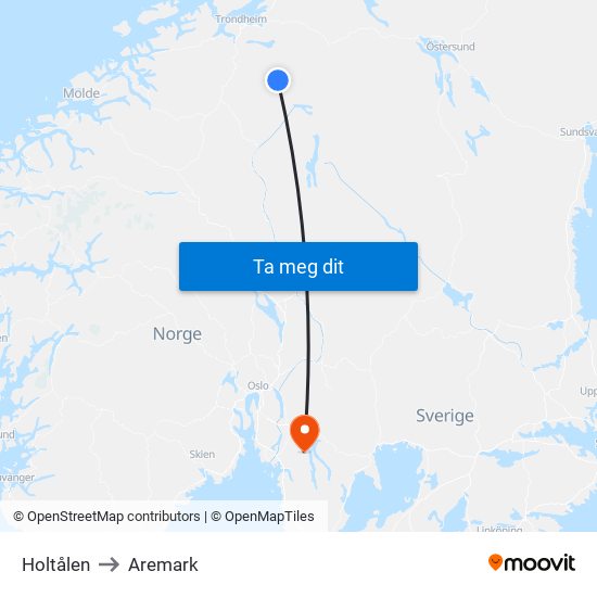 Holtålen to Aremark map