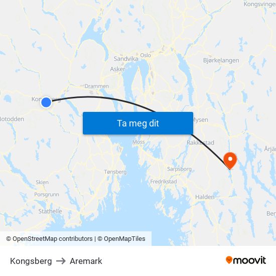 Kongsberg to Aremark map