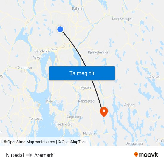 Nittedal to Aremark map