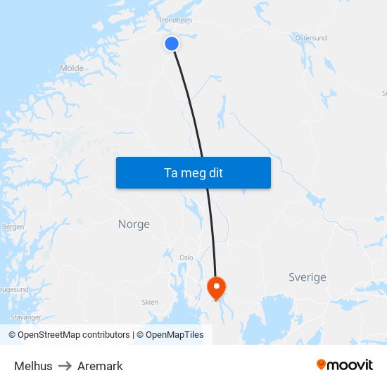 Melhus to Aremark map