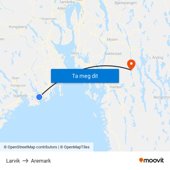 Larvik to Aremark map