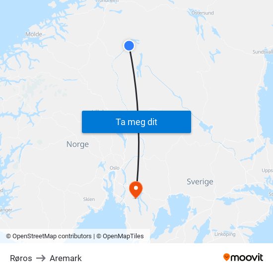 Røros to Aremark map