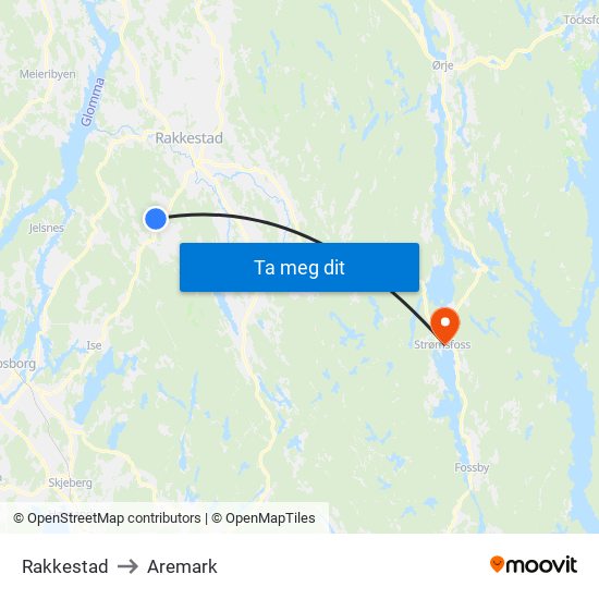 Rakkestad to Aremark map