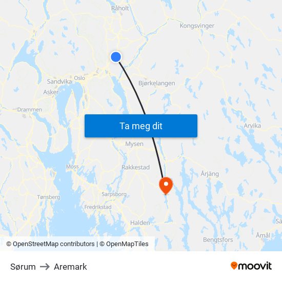 Sørum to Aremark map