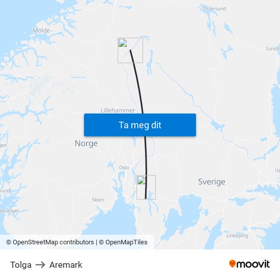 Tolga to Aremark map