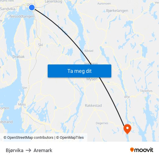 Bjørvika to Aremark map
