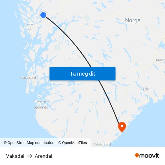 Vaksdal to Arendal map