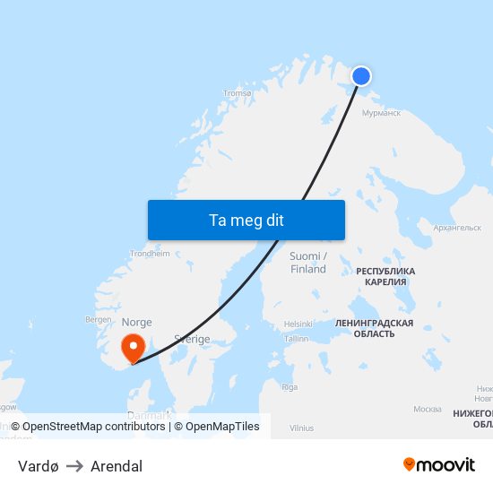 Vardø to Arendal map
