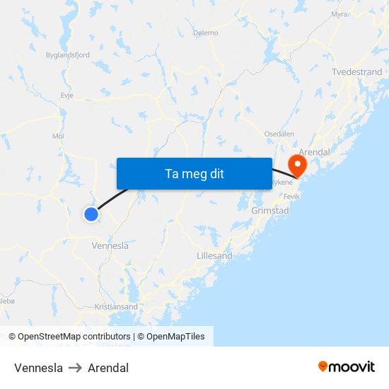 Vennesla to Arendal map