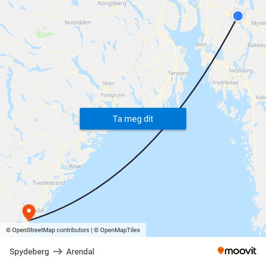 Spydeberg to Arendal map