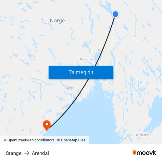 Stange to Arendal map