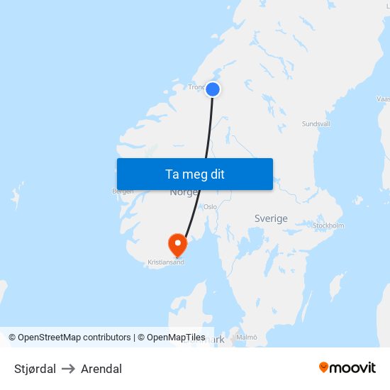 Stjørdal to Arendal map
