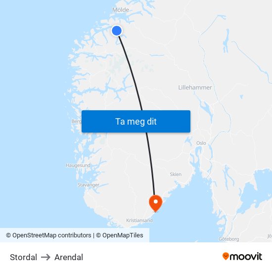 Stordal to Arendal map