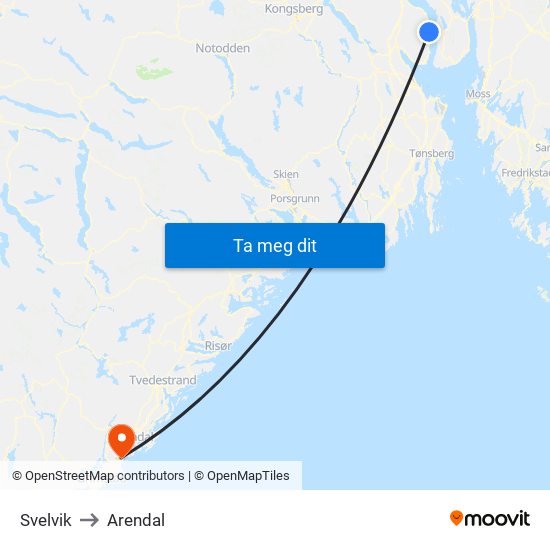 Svelvik to Arendal map