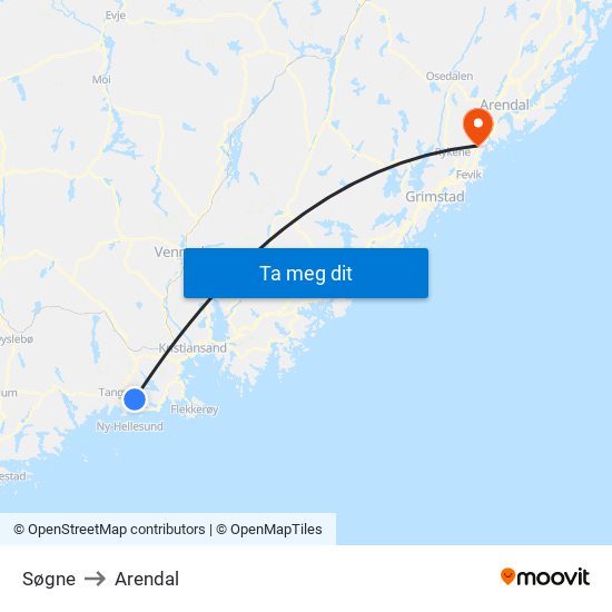 Søgne to Arendal map