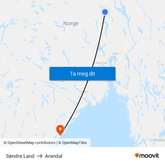 Søndre Land to Arendal map