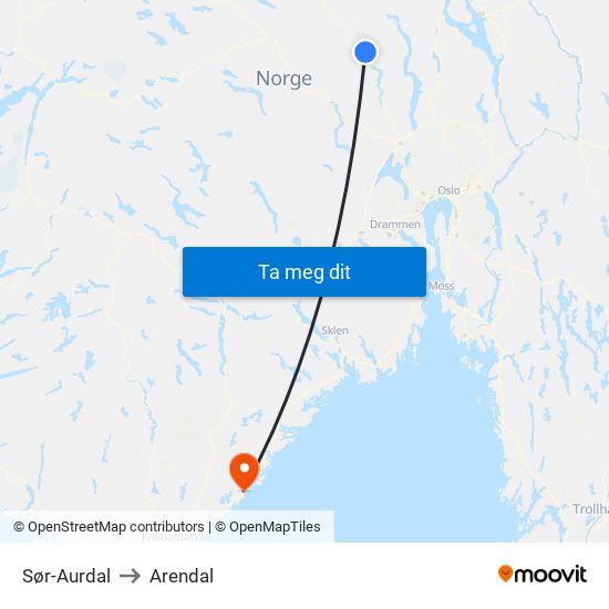 Sør-Aurdal to Arendal map