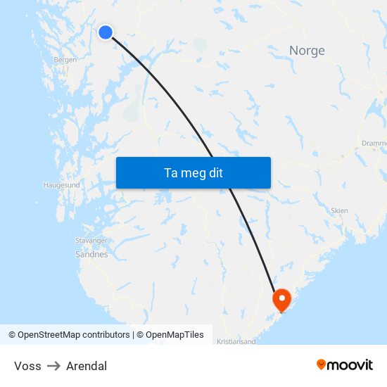 Voss to Arendal map