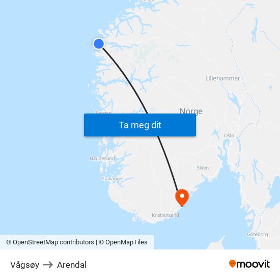 Vågsøy to Arendal map