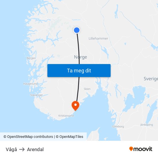 Vågå to Arendal map