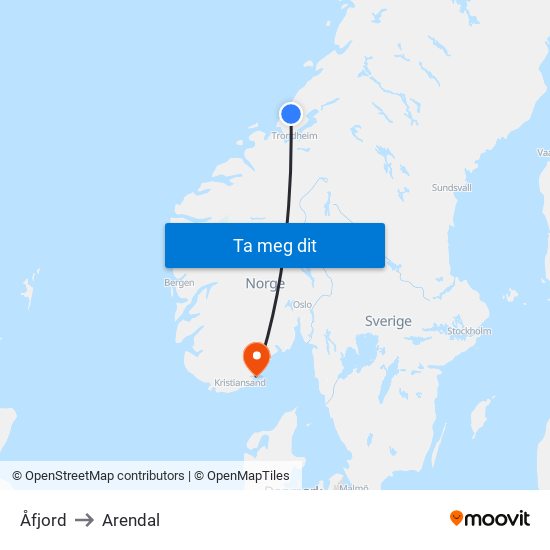 Åfjord to Arendal map