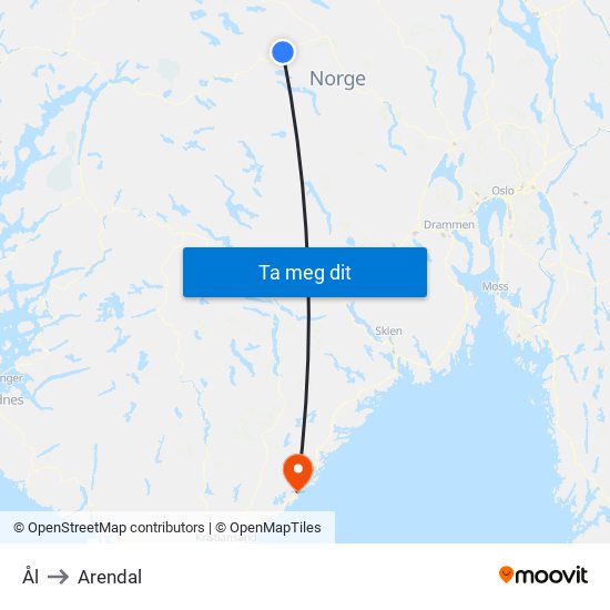 Ål to Arendal map
