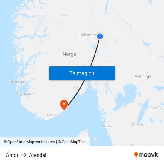 Åmot to Arendal map