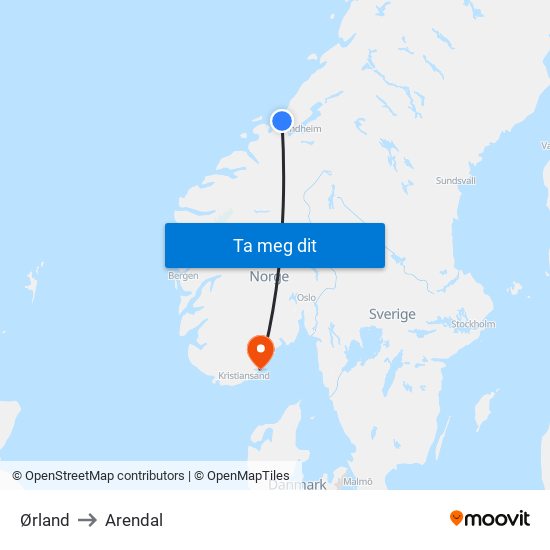 Ørland to Arendal map