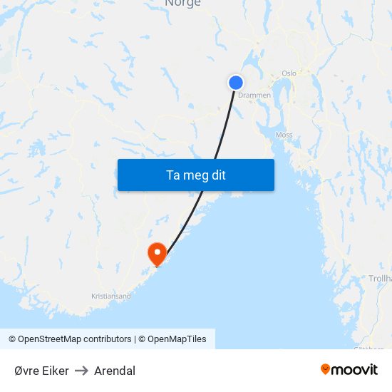 Øvre Eiker to Arendal map