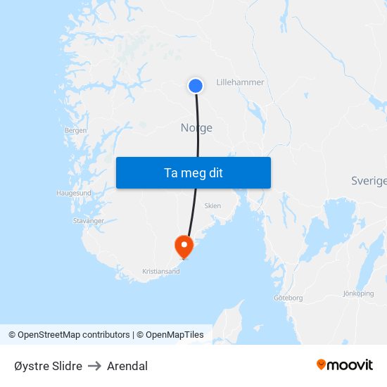 Øystre Slidre to Arendal map