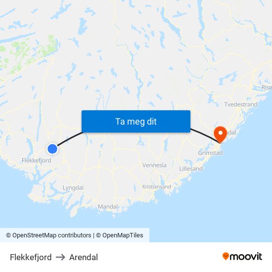 Flekkefjord to Arendal map