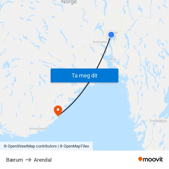 Bærum to Arendal map