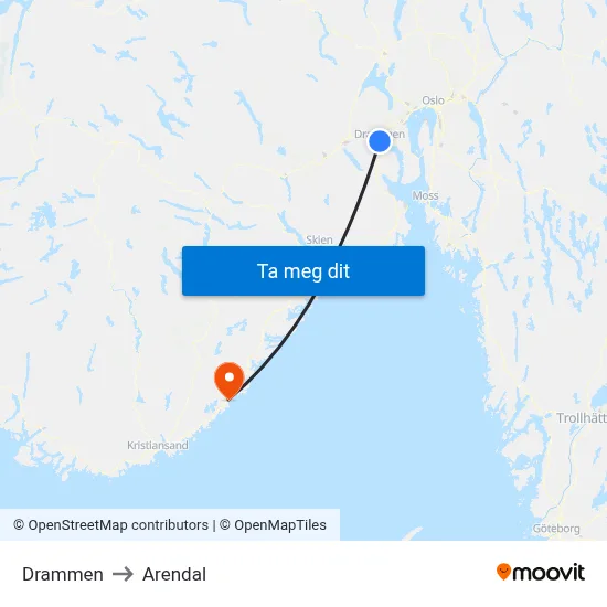 Drammen to Arendal map