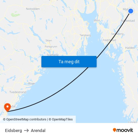 Eidsberg to Arendal map