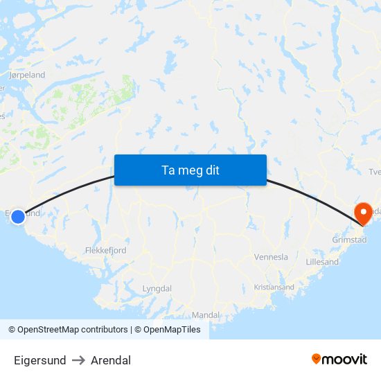 Eigersund to Arendal map