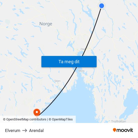 Elverum to Arendal map